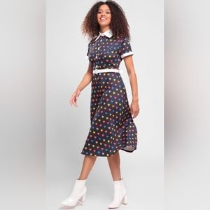 Collectif Bright & Beautiful Navy w/ Multi Color Hearts Shirt Dress UK 26/US 22
